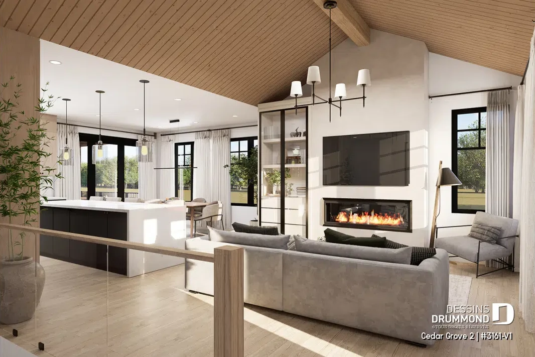 Aire ouverte du salon du plan Cedar Grove 2 (#3161-V1) avec plafond cathédral en bois, foyer moderne et cuisine ouverte de style farmhouse moderne.