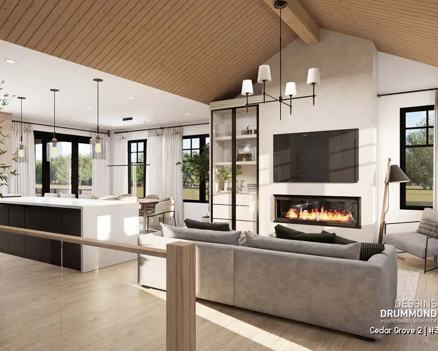 Aire ouverte du salon du plan Cedar Grove 2 (#3161-V1) avec plafond cathédral en bois, foyer moderne et cuisine ouverte de style farmhouse moderne.