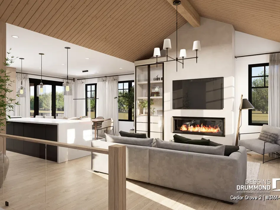 Aire ouverte du salon du plan Cedar Grove 2 (#3161-V1) avec plafond cathédral en bois, foyer moderne et cuisine ouverte de style farmhouse moderne.