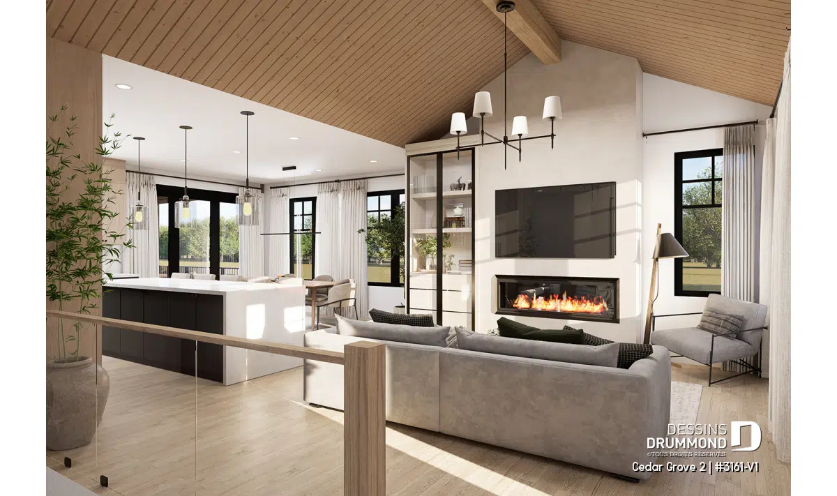 Aire ouverte du salon du plan Cedar Grove 2 (#3161-V1) avec plafond cathédral en bois, foyer moderne et cuisine ouverte de style farmhouse moderne.