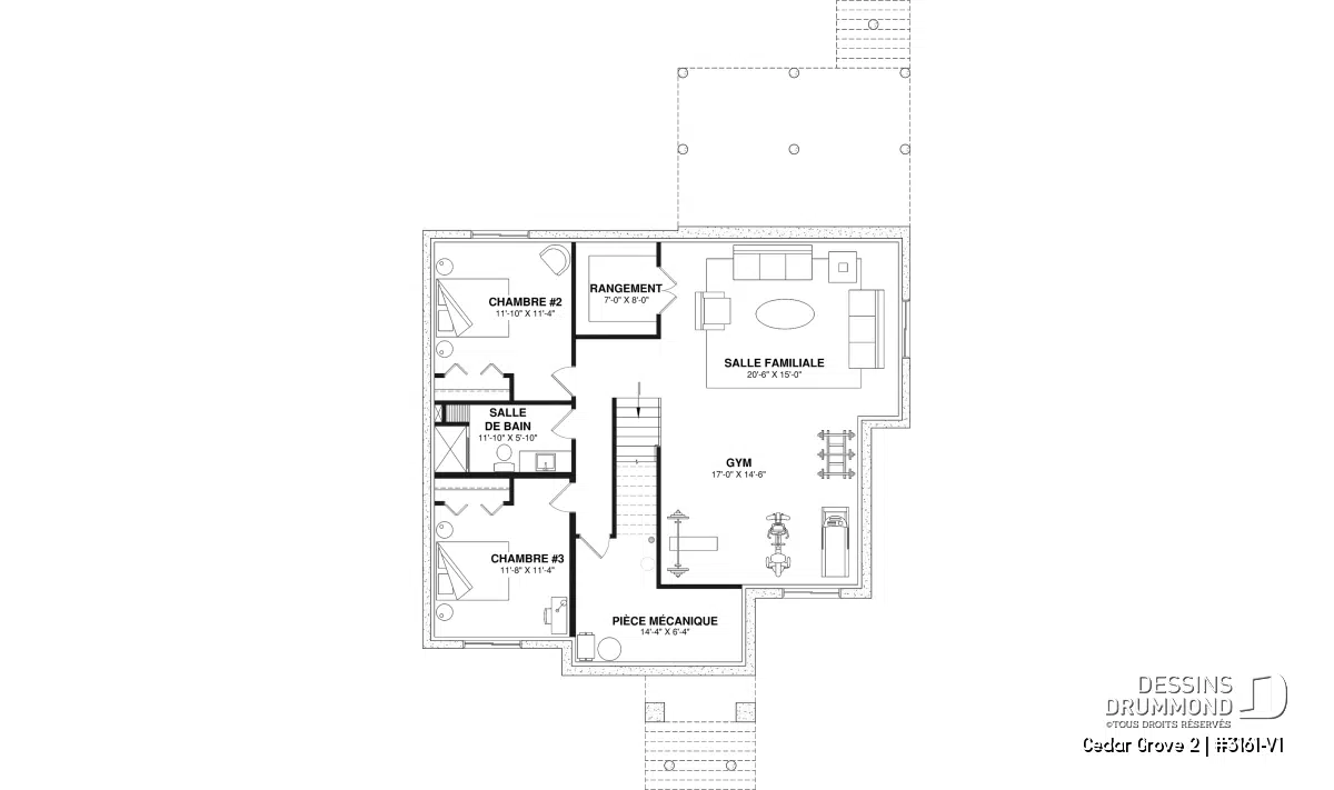 Plan du sous-sol aménagé Cedar Grove 2 (#3161-V1) avec deux chambres pour adolescents, salle familiale, gym dédié et salle de bain complète.