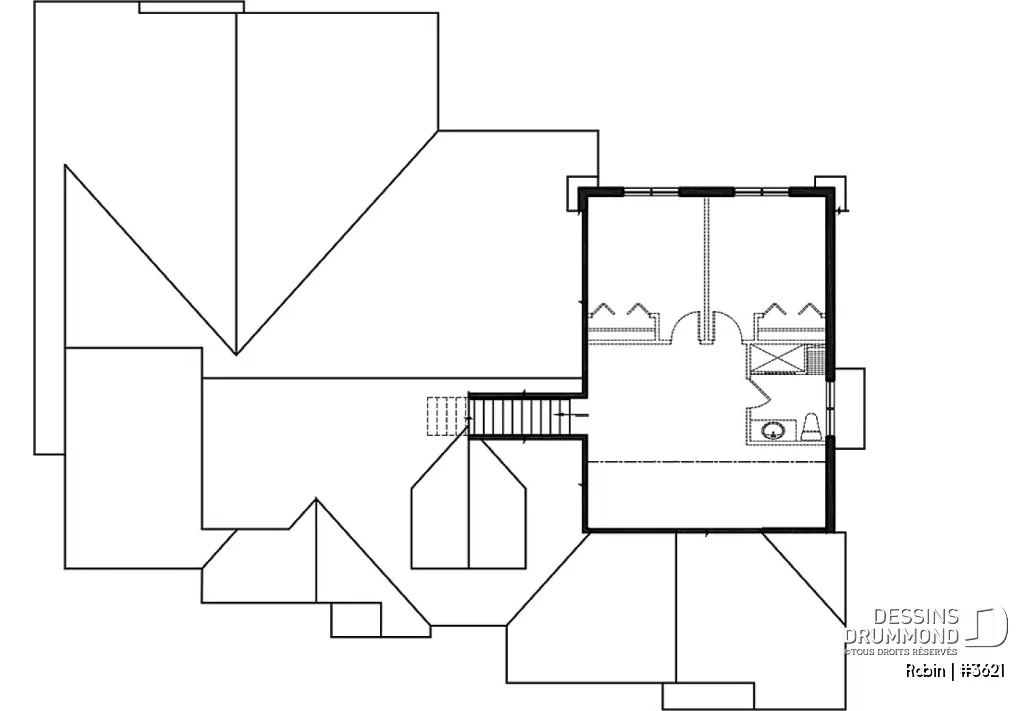 Plan de l'étage évolutif du Robin (#3621) montrant l'aménagement possible de deux chambres supplémentaires, d'une salle de séjour et d'une salle de bain dans ce grand plan de maison plain-pied.