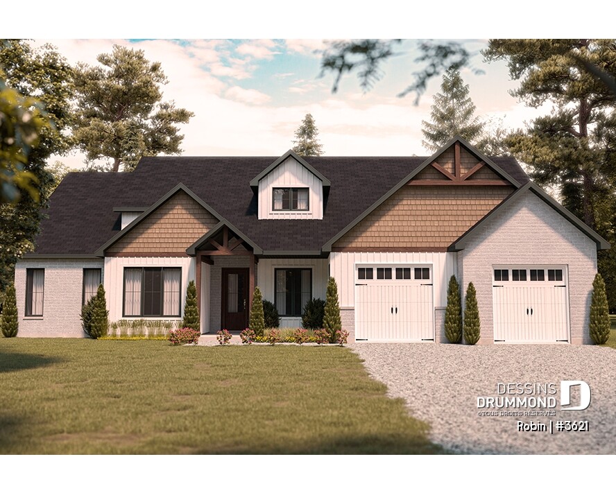 Grand plan de maison plain-pied de 3 chambres avec garage double, bureau à domicile et style farmhouse moderne, modèle Robin (#3621) de Dessins Drummond.