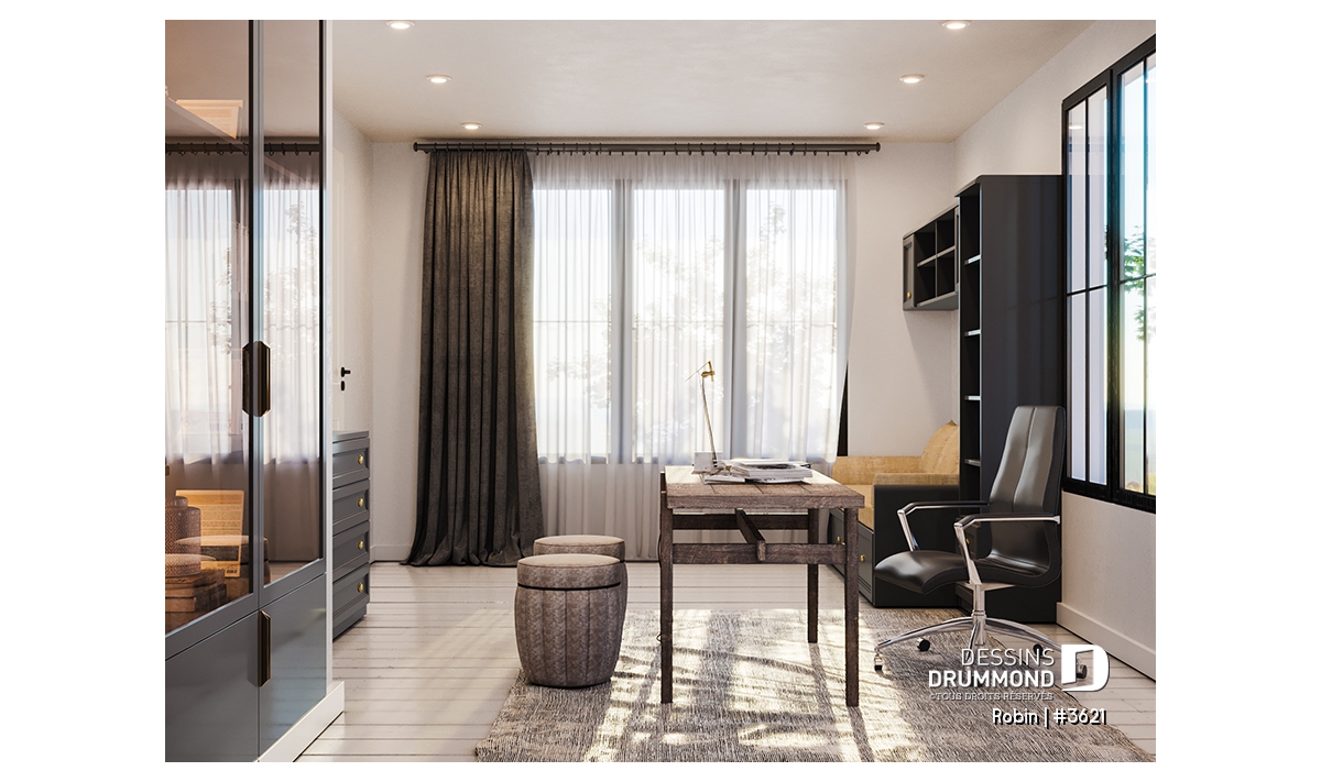 Bureau ou espace flexible prévu au plan de maison avec garage Robin de Dessins Drummond