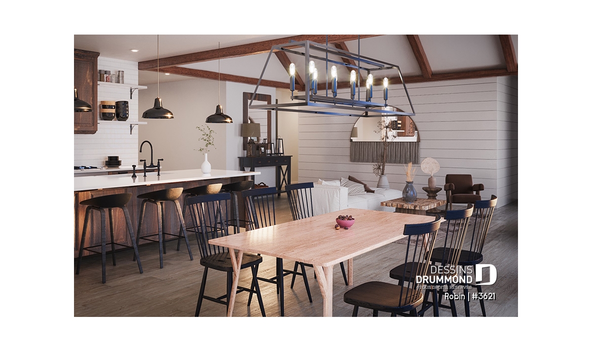 Cuisine et salle à manger en photo du plan de maison avec garage Robin #3621 de Dessins Drummond