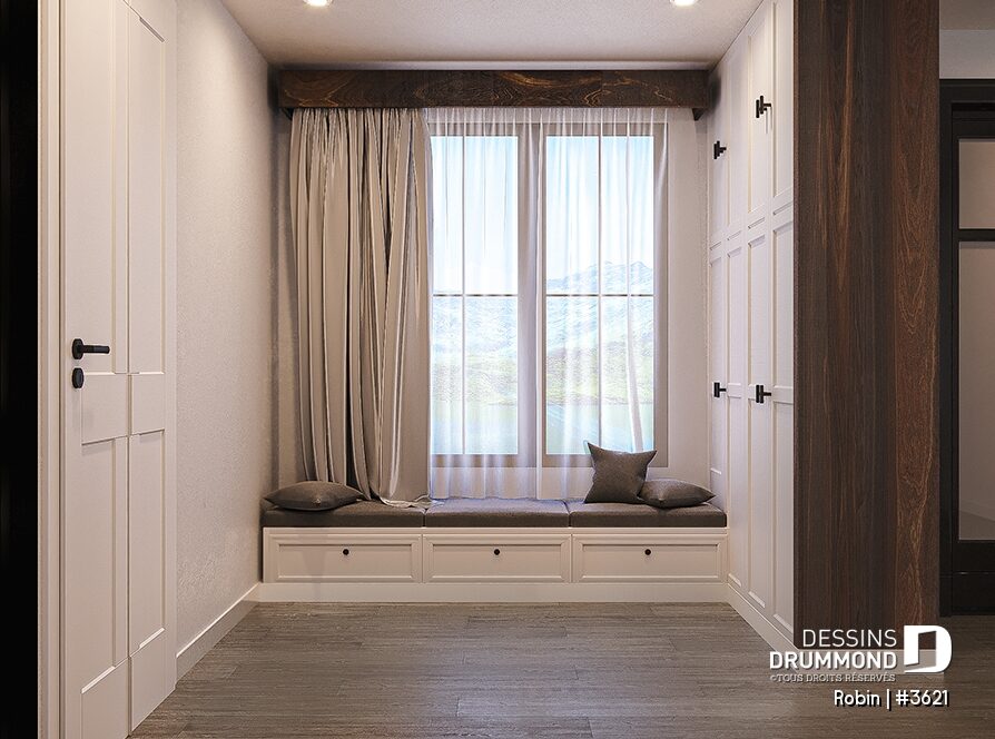 Vestiaire d'entrée avec banc intégré, rangement sur mesure et fenêtre dans le plan de maison plain-pied Robin (#3621) de Dessins Drummond.