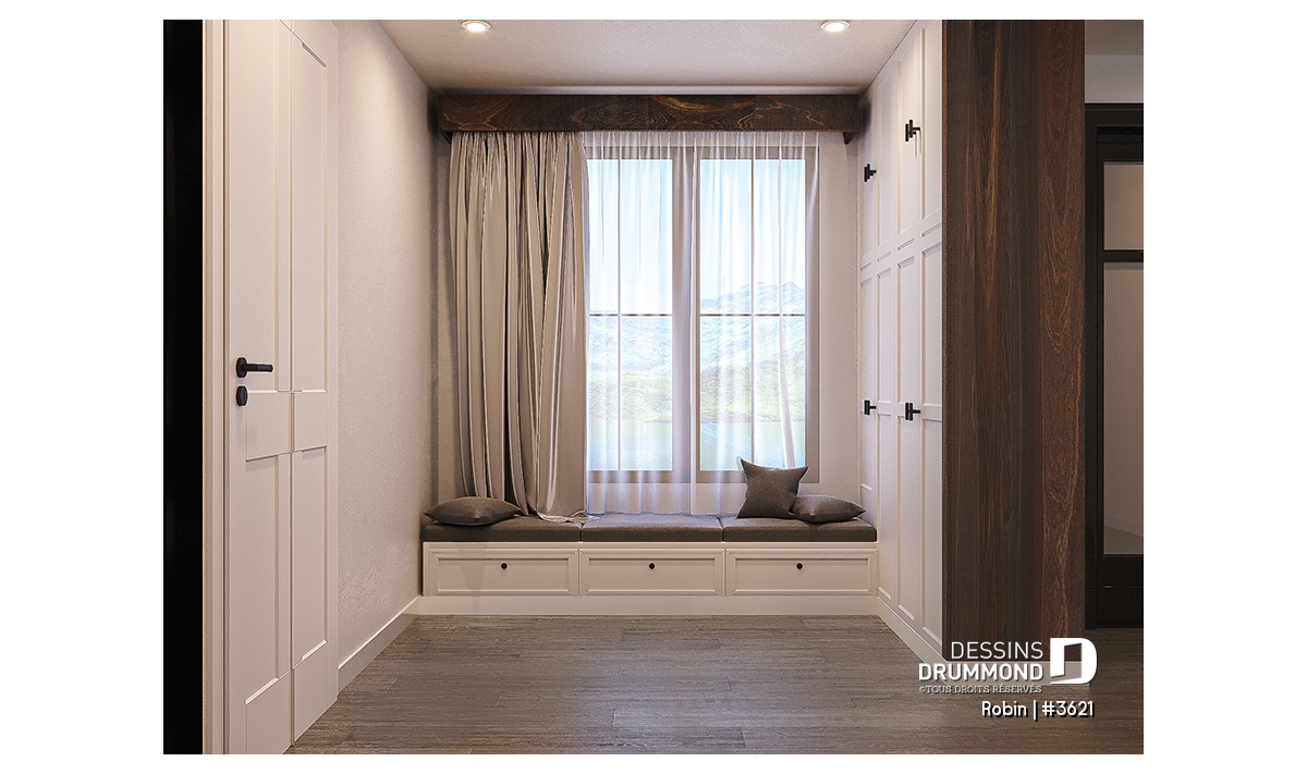 Vestaire avec mobilier intégré et banquette au plan de maison avec garage Robin de Dessins Drummond