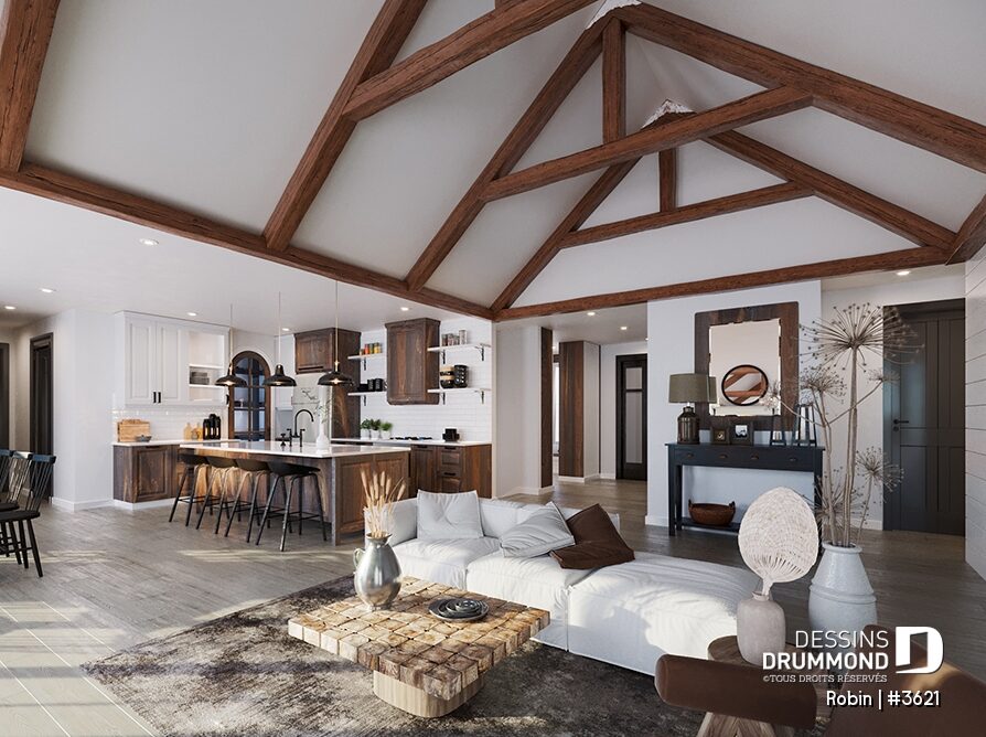 Salle familiale avec plafond cathédral et poutres exposées en bois, plan de maison Robin #3621 par Dessins Drummond