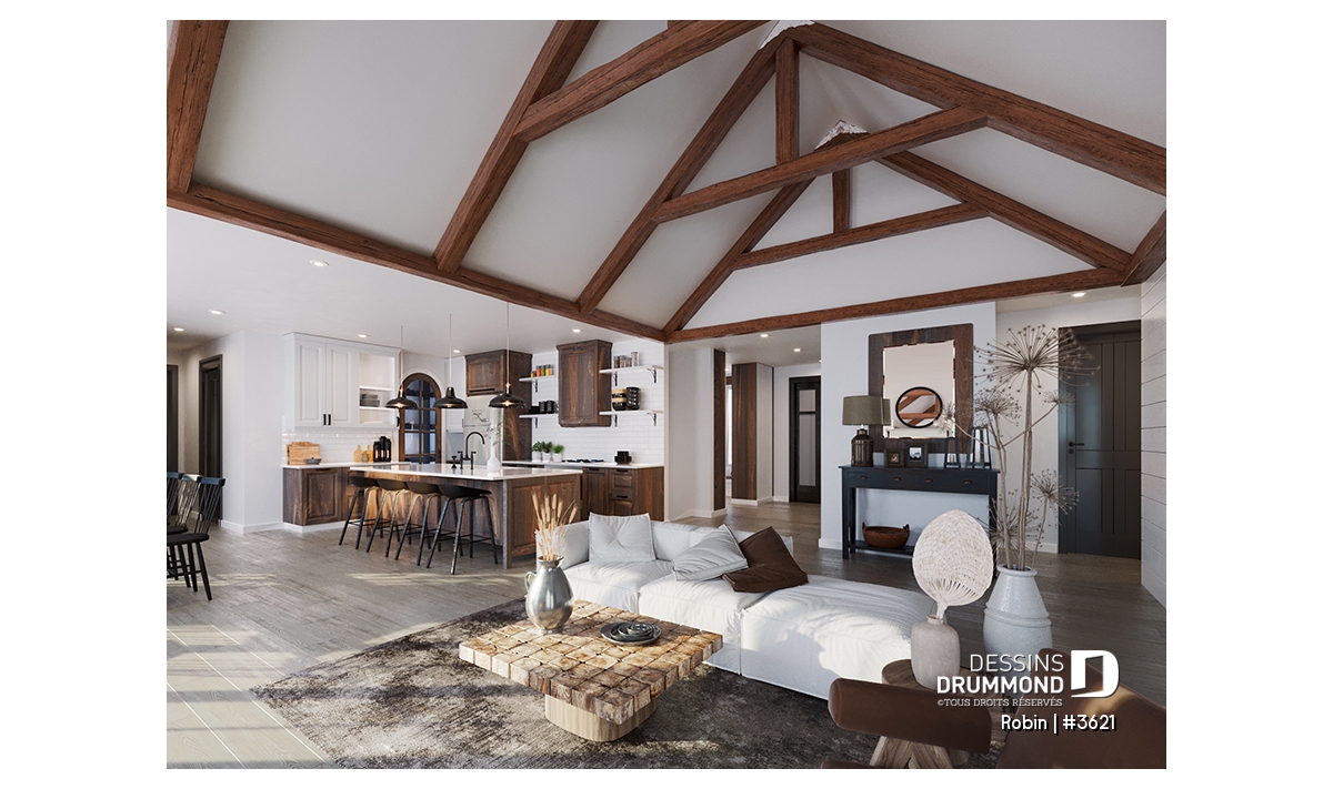 Salle familiale avec plafond cathédral et poutres exposées en bois, plan de maison ROBIN avec garage double #3621 par Dessins Drummond