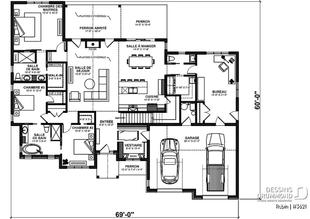 Plan du rez-de-chaussée du Robin (#3621), un grand plan de maison plain-pied comprenant 3 chambres, une suite principale, un garage double, un bureau avec entrée indépendante et une vaste aire ouverte.