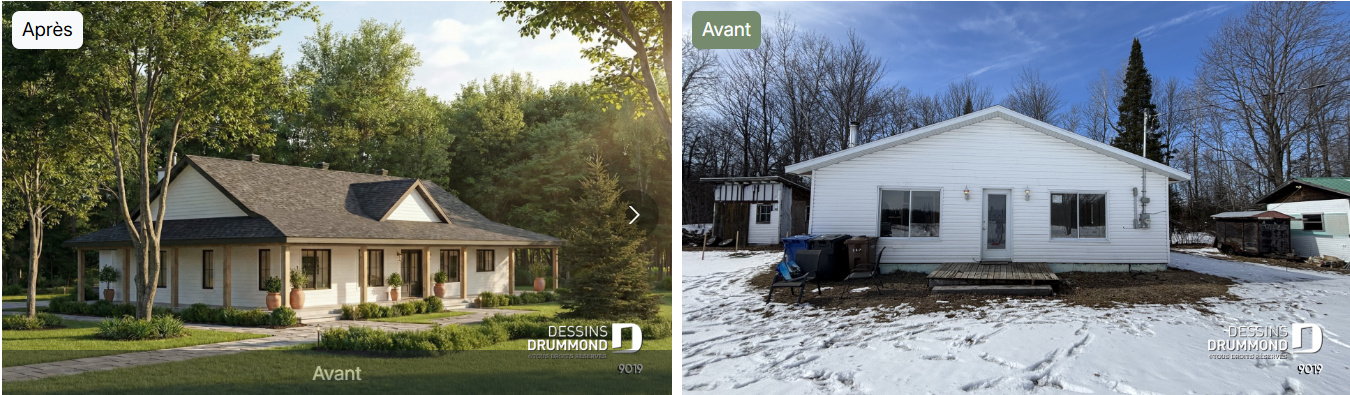 Comparaison avant et après d'un agrandissement et de la modernisation d'un chalet au Québec avec nouvelle façade, galerie couverte et architecture contemporaine.