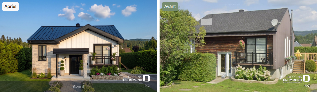 Transformation avant après d'une maison avec modernisation de la façade, nouveau revêtement extérieur, toiture métallique et aménagement paysager amélioré.