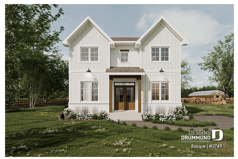 Plan de maison Basque (#2749), farmhouse champêtre blanche adaptée aux terrains étroits