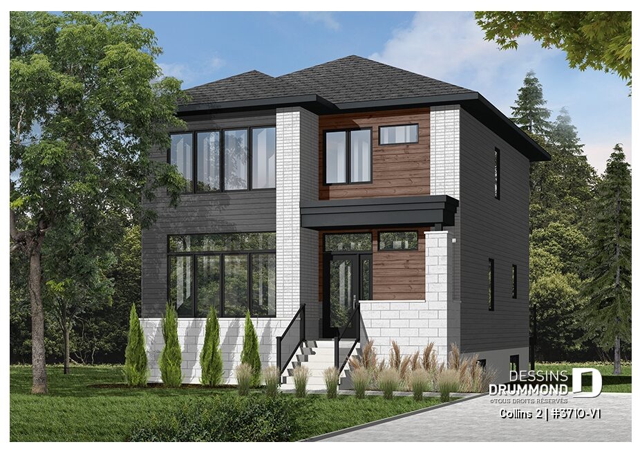 Plan de maison Collins 2 (#3710-V1), maison contemporaine avec trois chambres adaptée aux terrains étroits