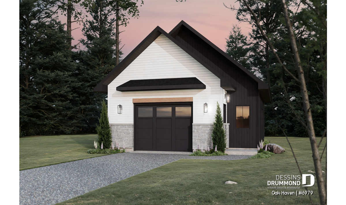 Garage moderne de style farmhouse Oak Haven #6979 illustrant le coût de construction d’un garage au Québec – Dessins Drummond