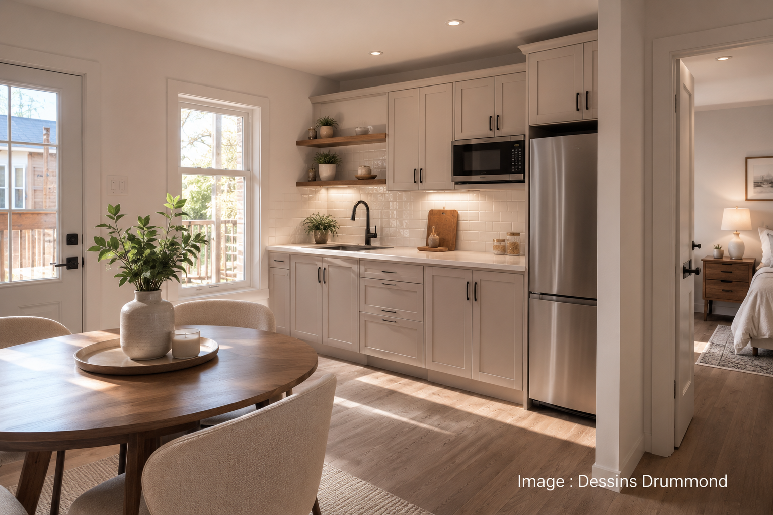 Cuisine secondaire bi-génération lumineuse avec espace repas chaleureux et aménagement pensé pour préserver autonomie et confort familial