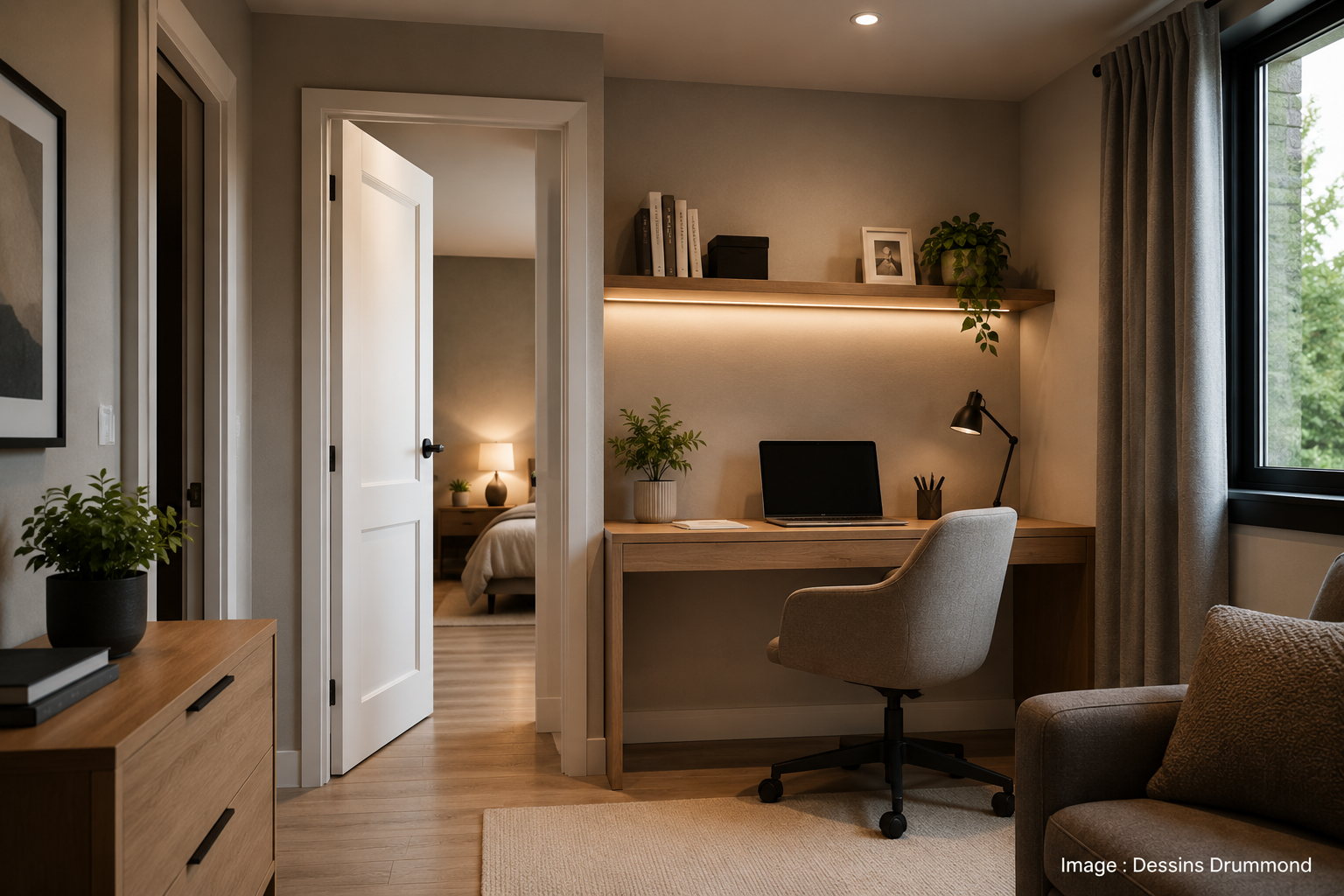 Bureau moderne pouvant devenir chambre dans une maison bi-génération avec espace flexible et porte communicante discrète