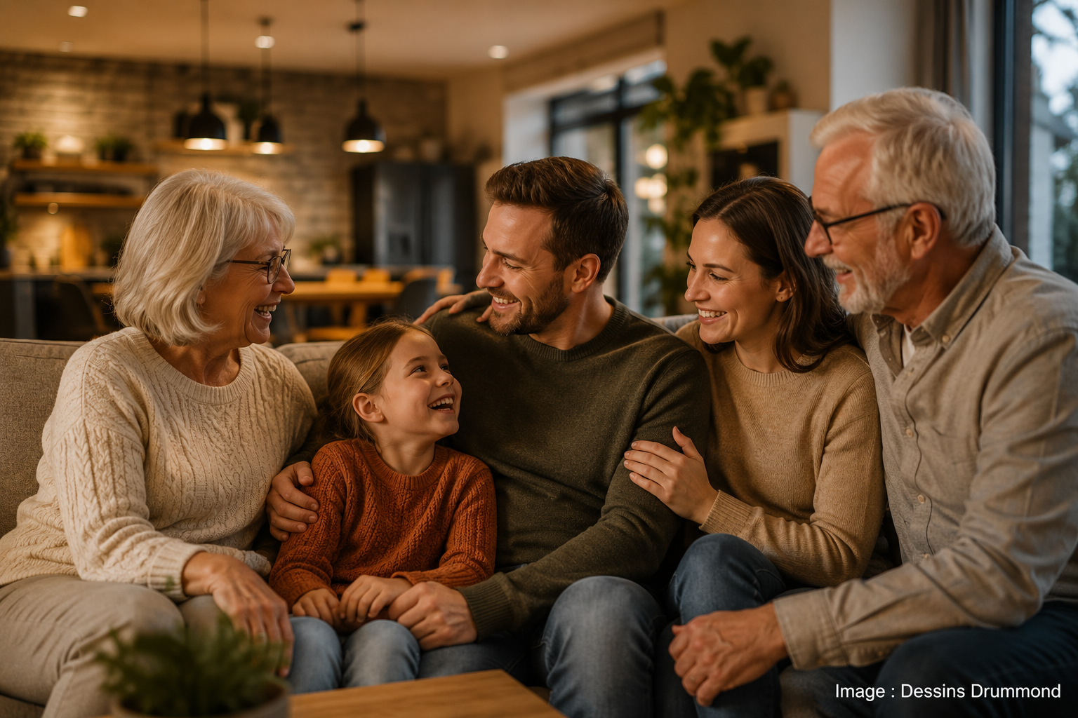 Famille intergénérationnelle heureuse réunie dans un salon chaleureux de maison bi-génération moderne