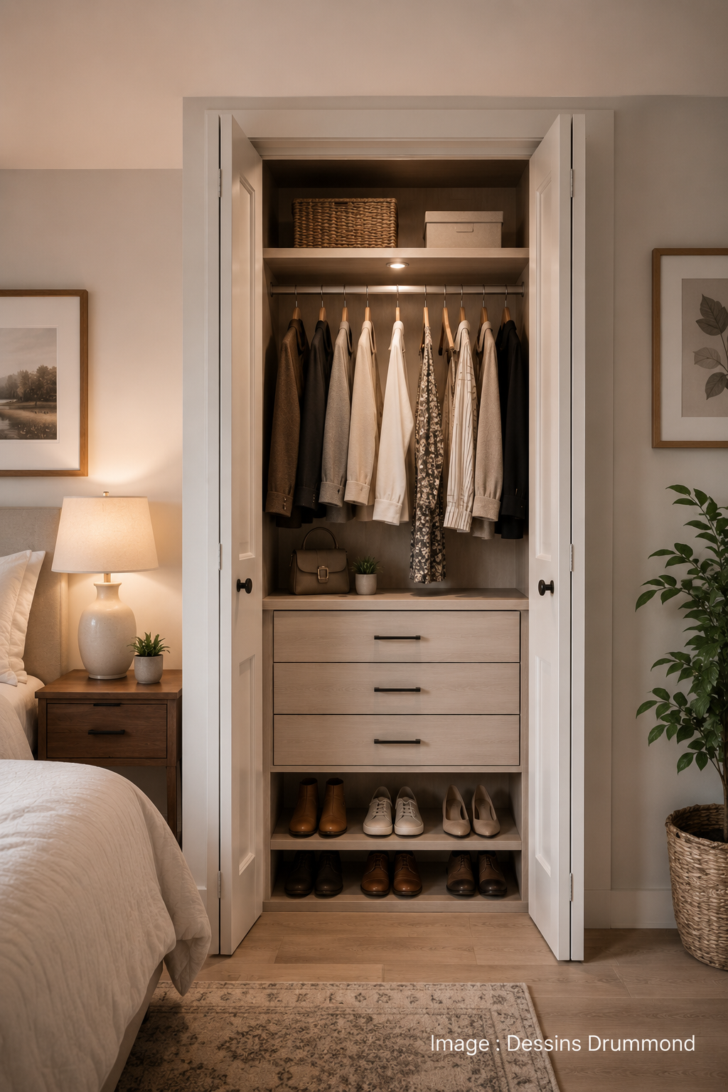 Garde-robe intégrée élégante avec pôles, tiroirs, tablettes et rangement pour chaussures dans une chambre parentale moderne