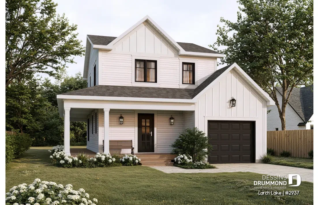 Plan de maison Larch Lake (#2937), farmhouse à étage avec garage conçue pour terrain étroit