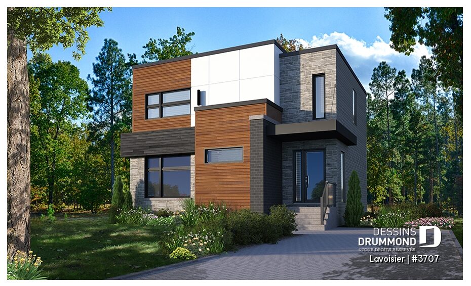 Plan de maison Lavoisier (#3707), maison moderne compacte adaptée aux terrains étroits avec façade de 30 pieds