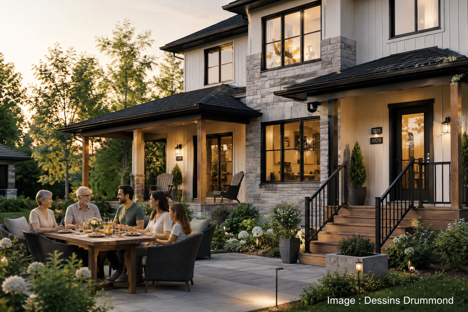 Maison bi-génération moderne avec terrasse conviviale et espaces pensés pour favoriser proximité familiale, confort et économies à long terme
