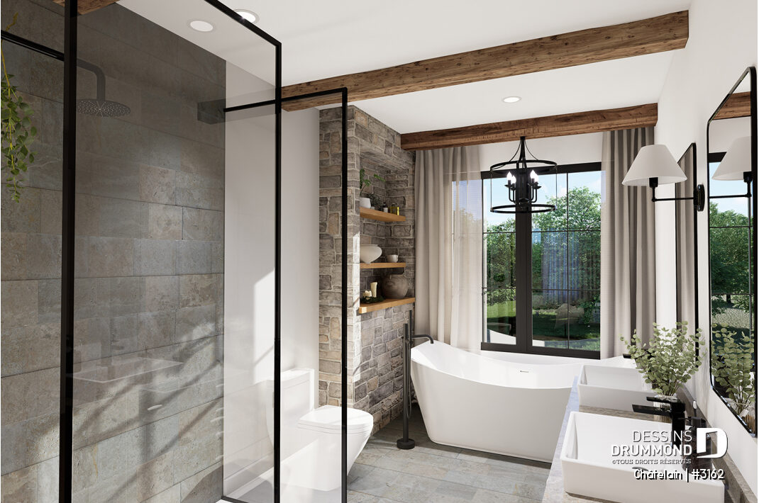 Salle de bain privée moderne dans une maison plain-pied lumineuse avec bain autoportant, douche vitrée et grande fenestration – modèle Chatelain (#3162)