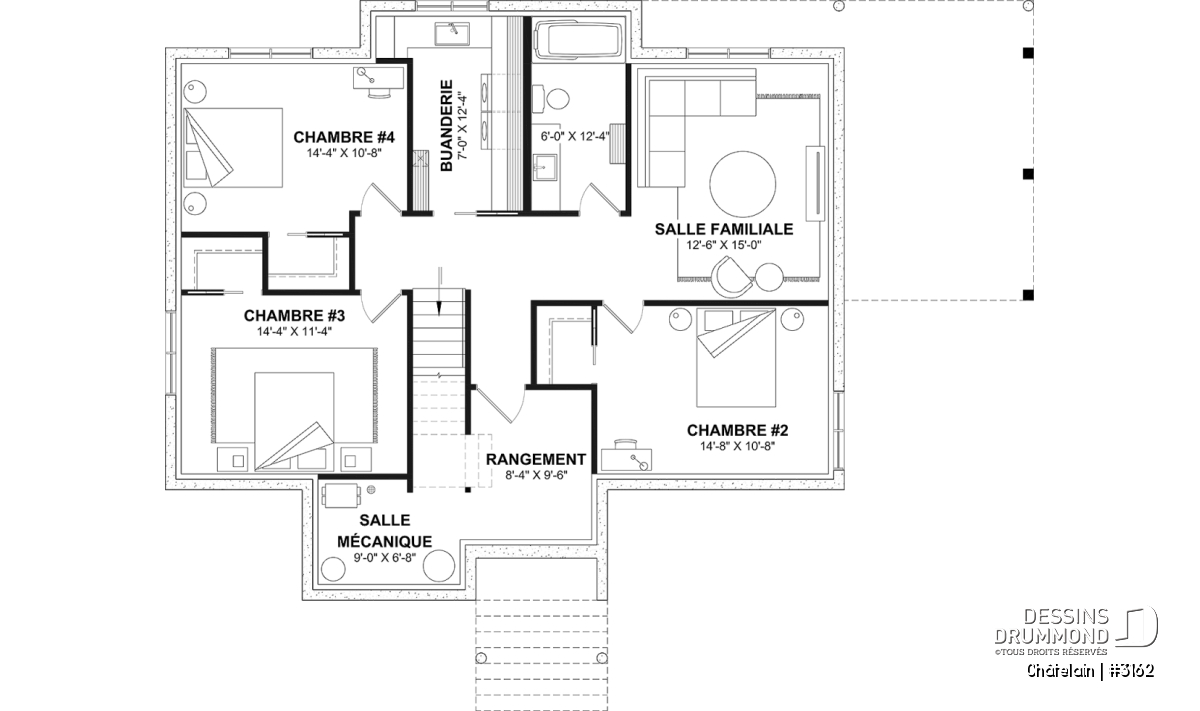 Plan de sous-sol aménagé d’une maison plain-pied avec 3 chambres, salle familiale et rangement – modèle Chatelain (#3162)