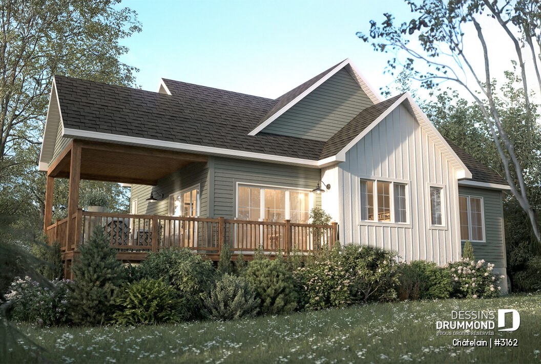 Maison plain-pied lumineuse de style champêtre avec terrasse couverte et grande fenestration – vue arrière du modèle Chatelain (#3162)
