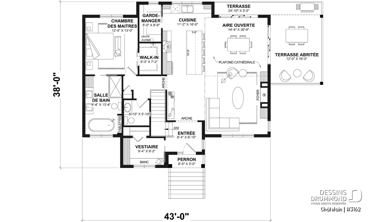 Plan de maison plain-pied avec aire ouverte, suite principale et terrasse – modèle Chatelain (#3162)