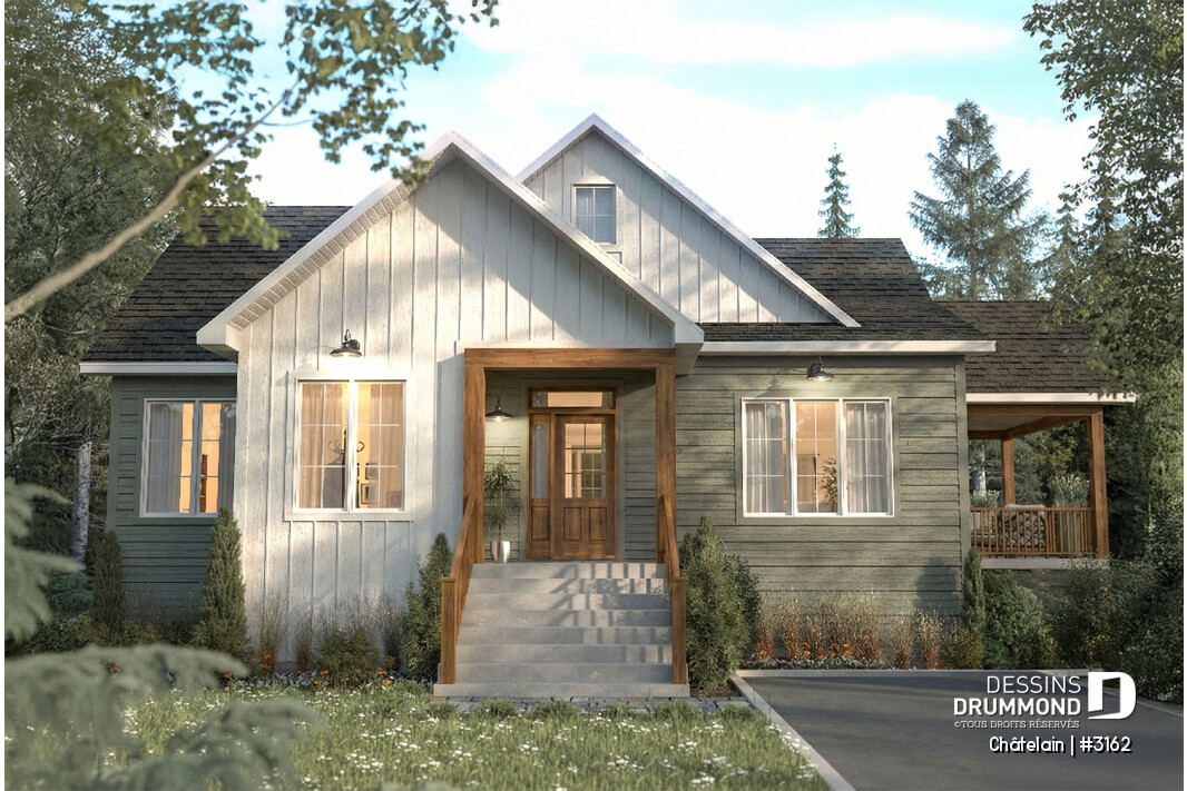 Maison plain-pied lumineuse de style champêtre avec grande fenestration et entrée centrale – modèle Chatelain (#3162)