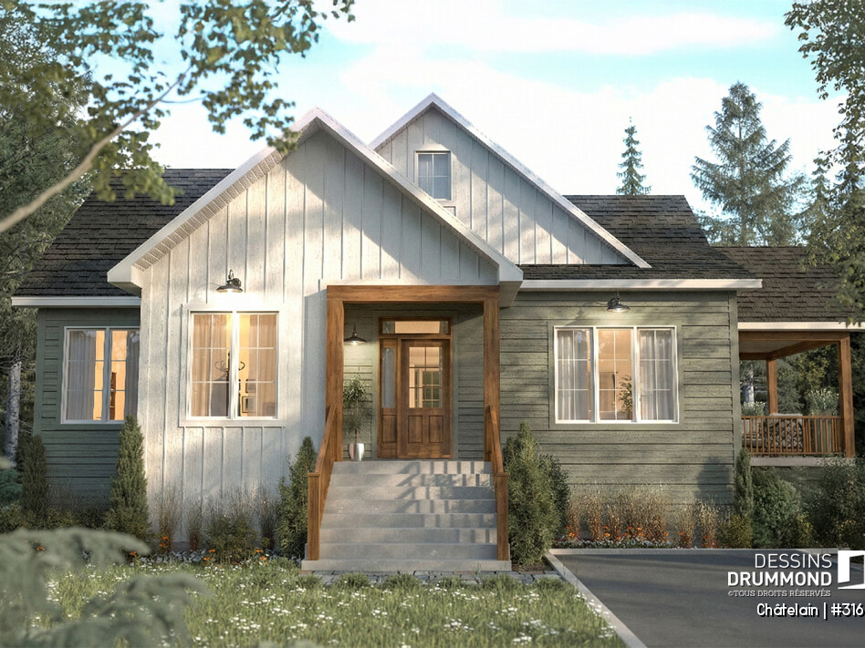 Maison plain-pied lumineuse de style champêtre avec grande fenestration et entrée centrale – modèle Chatelain (#3162)