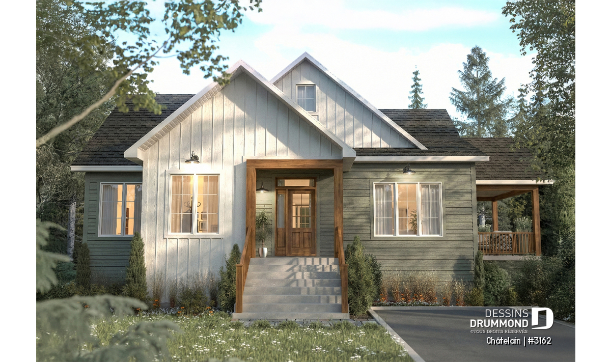 Maison plain-pied lumineuse de style champêtre avec grande fenestration et entrée centrale – modèle Chatelain (#3162)