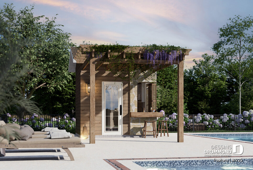 Pavillon de piscine POSITANO 1925 vue avant avec pergola et bar extérieur, pool house compact de style européen