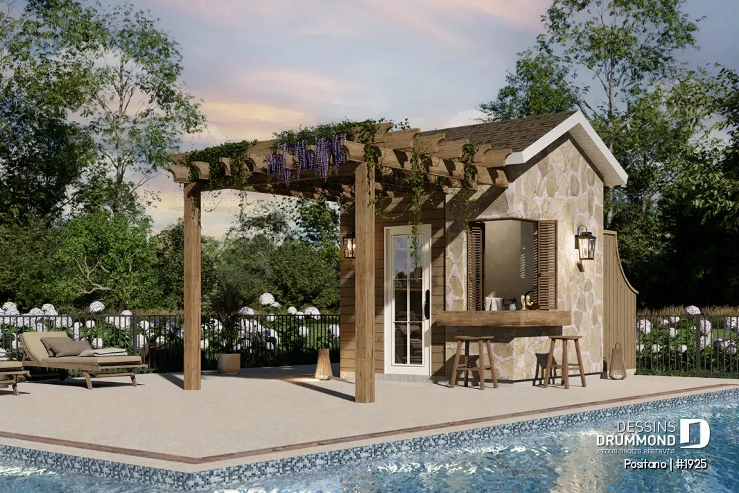 Pavillon de piscine POSITANO 1925 avec bar extérieur et pergola, pool house compact de style européen