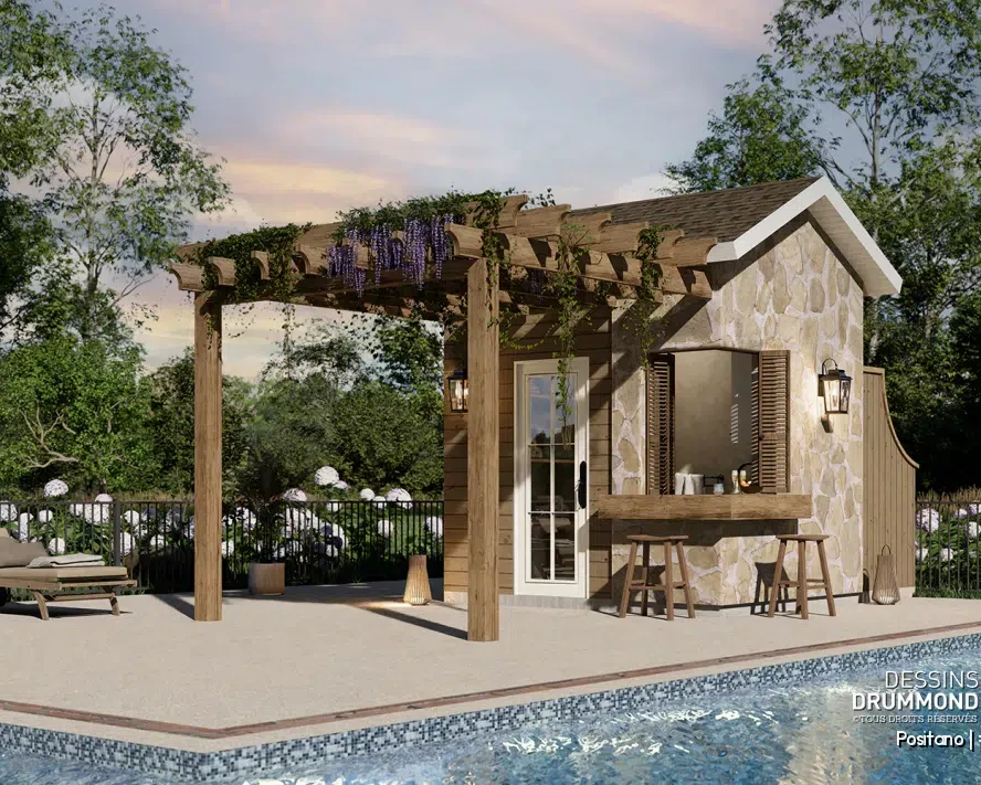 Pavillon de piscine POSITANO 1925 avec bar extérieur et pergola, pool house compact de style européen