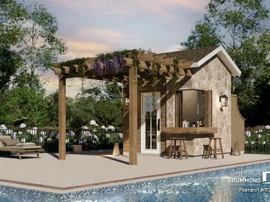 Pavillon de piscine POSITANO 1925 avec bar extérieur et pergola, pool house compact de style européen