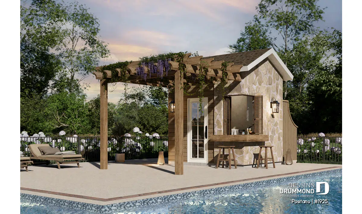 Pavillon de piscine POSITANO 1925 avec bar extérieur et pergola, pool house compact de style européen