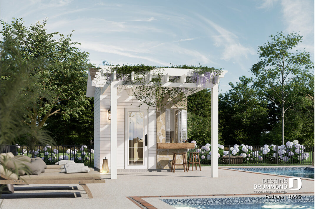Pavillon de piscine POSITANO 1925 vue avant blanche avec pergola et bar extérieur, pool house compact de style européen