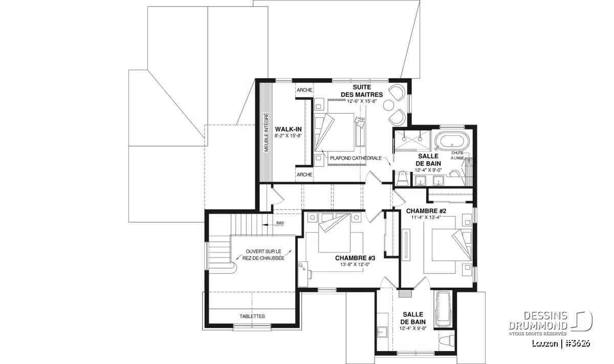 Plan de l’étage du plan de maison classique Lauzon (#3626) avec suite principale, walk-in et chambres secondaires
