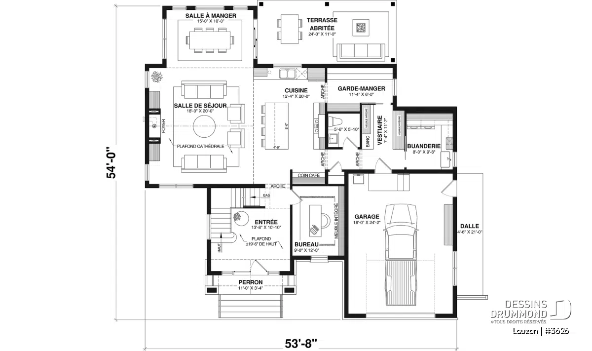 Plan du rez-de-chaussée du plan de maison classique Lauzon (#3626) avec aire ouverte, garage intégré et terrasse couverte