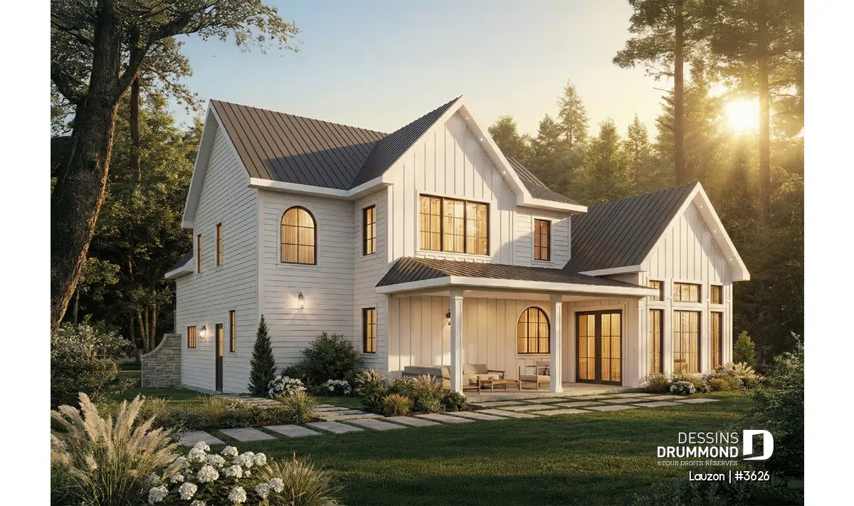 Vue arrière du plan de maison classique Lauzon (#3626) avec grande terrasse couverte et grandes fenêtres