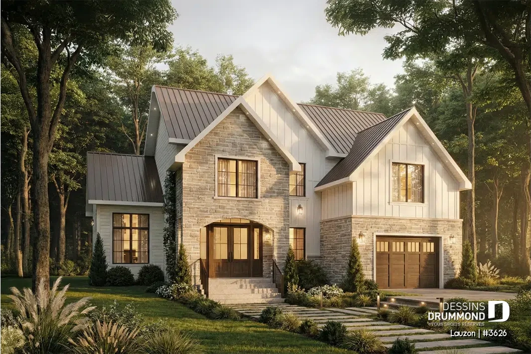 Plan de maison classique Lauzon (#3626) de style européen avec façade en pierre et revêtement board and batten