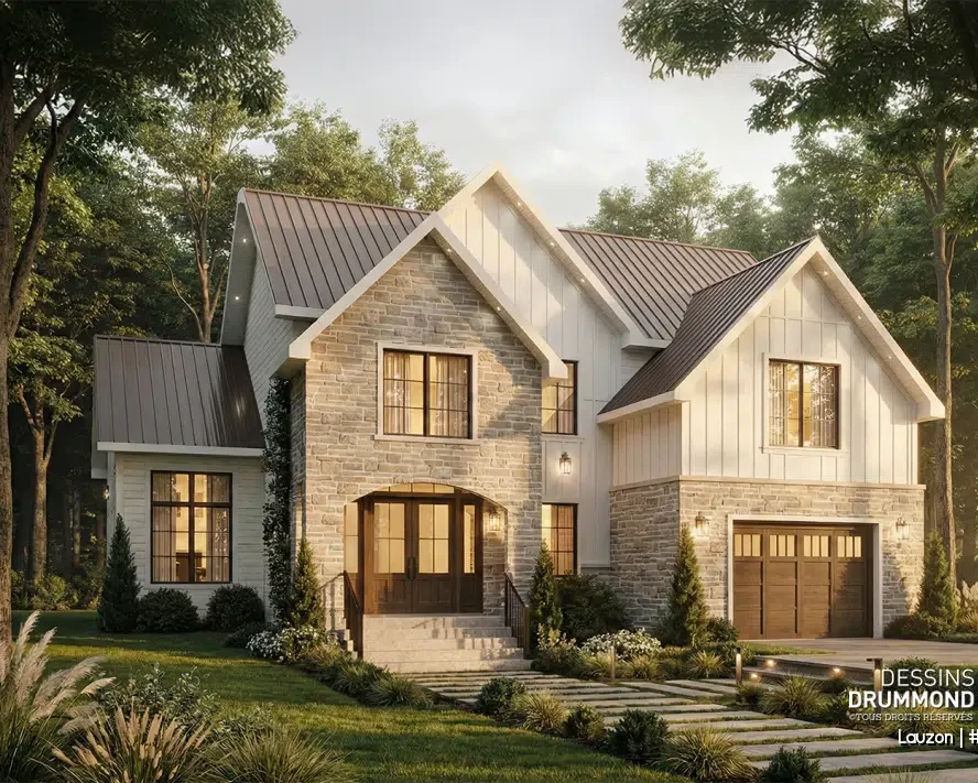 Plan de maison classique Lauzon (#3626) de style européen avec façade en pierre et revêtement board and batten