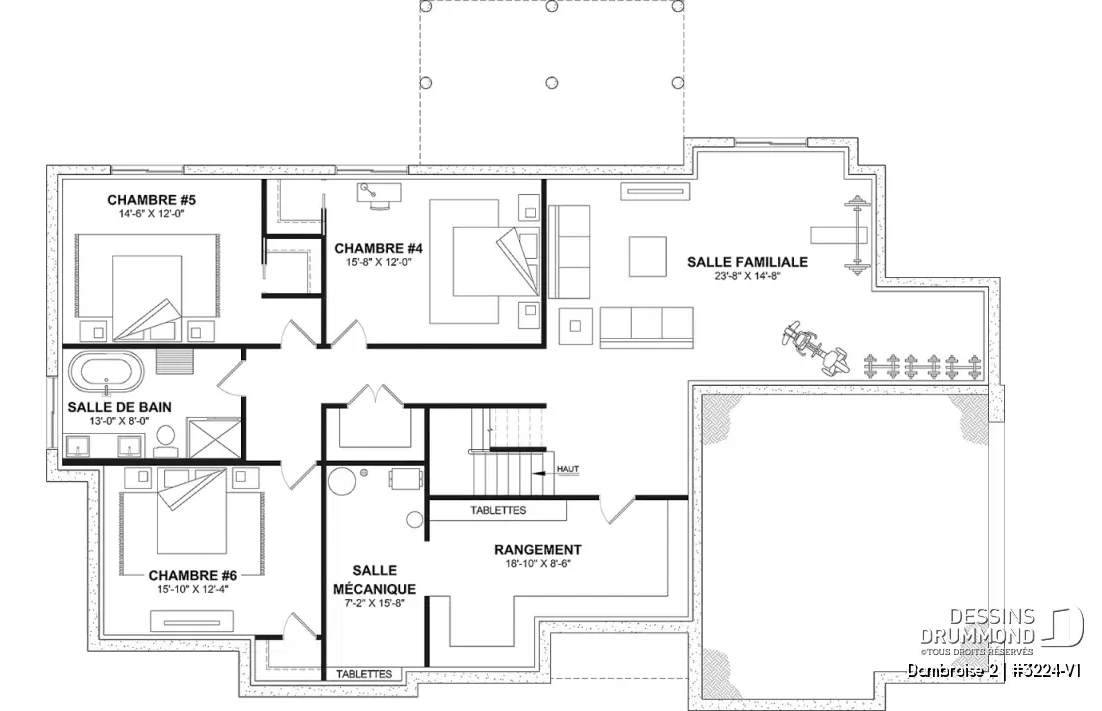 Plan de maison plain-pied avec sous-sol aménagé comprenant 3 chambres, salle de bain, salle familiale et espace rangement – Dambroise 2 (#3224-V1)