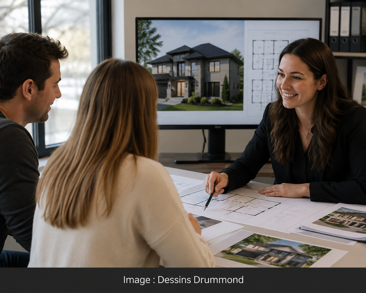 Consultation entre des clients et une technologue pour la conception d’un plan de maison sur mesure personnalisé au Québec