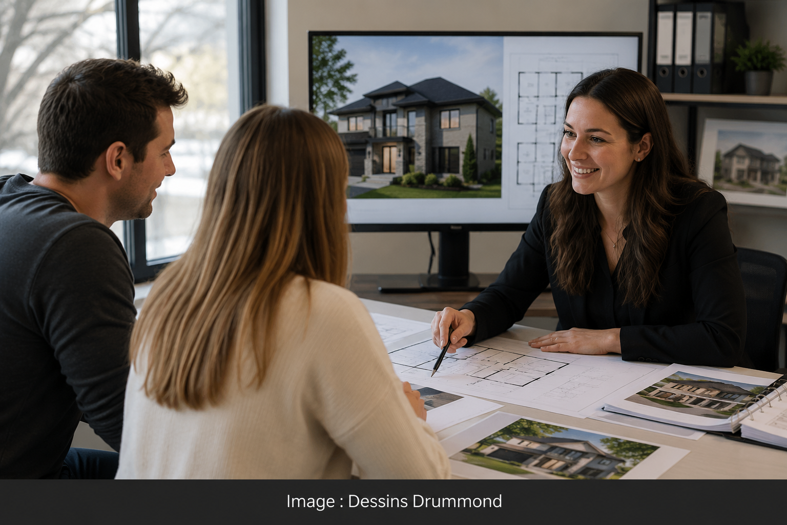 Consultation entre des clients et une technologue pour la conception d’un plan de maison sur mesure personnalisé au Québec