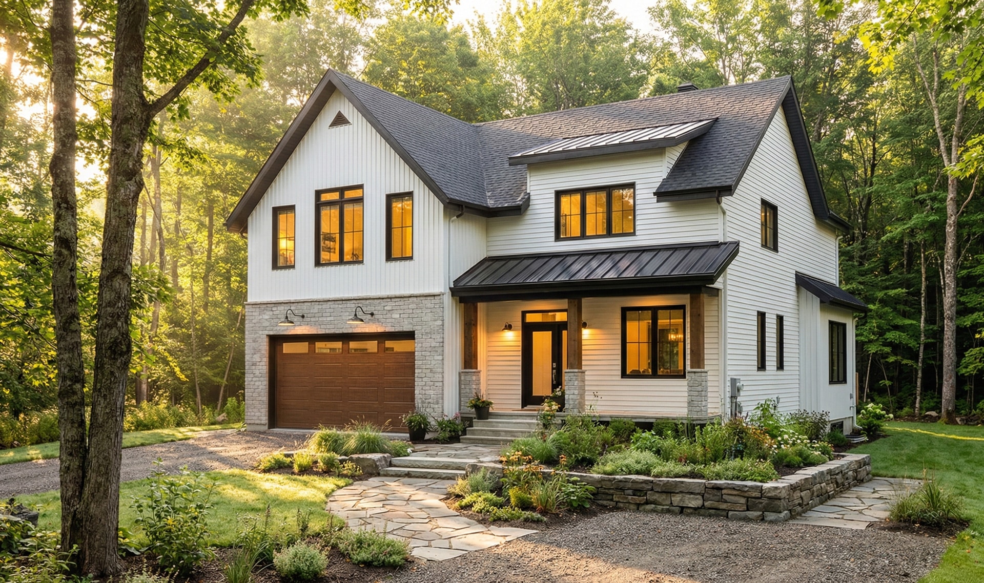 Plan de maison sur mesure de style farmhouse moderne avec garage, situé en milieu boisé