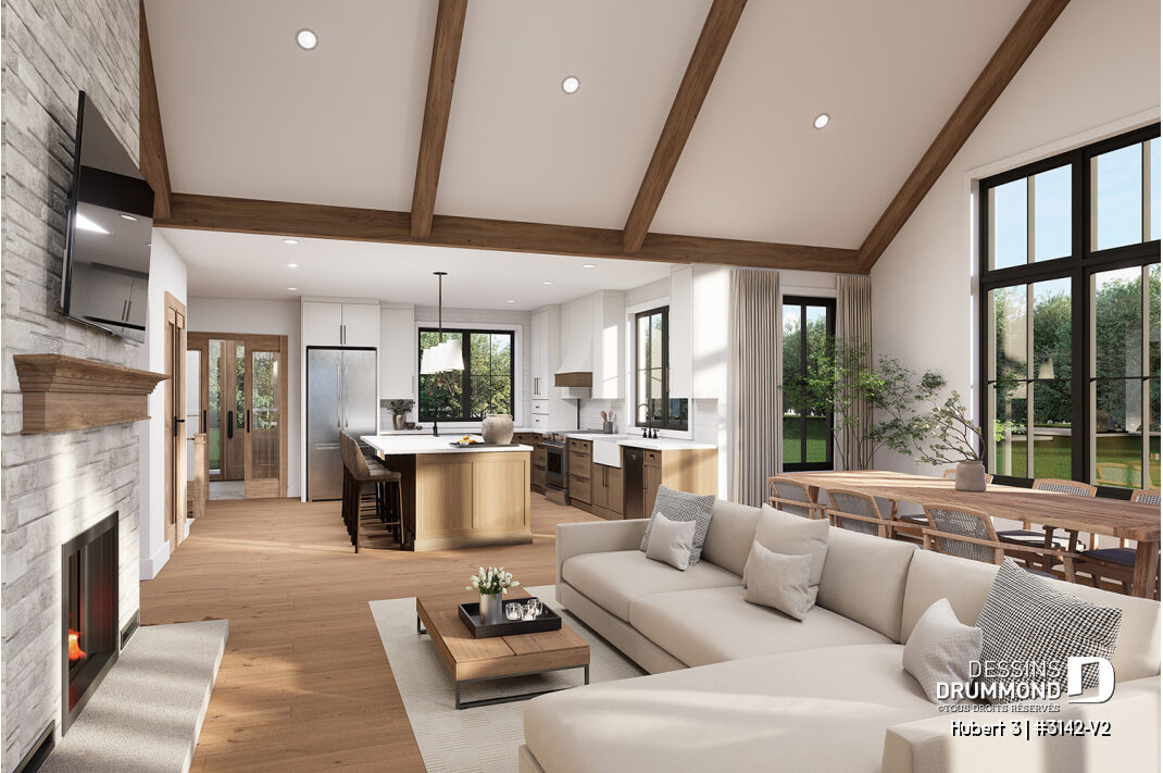 Intérieur lumineux conçu dans un plan de maison sur mesure avec grande fenestration et aménagement optimisé