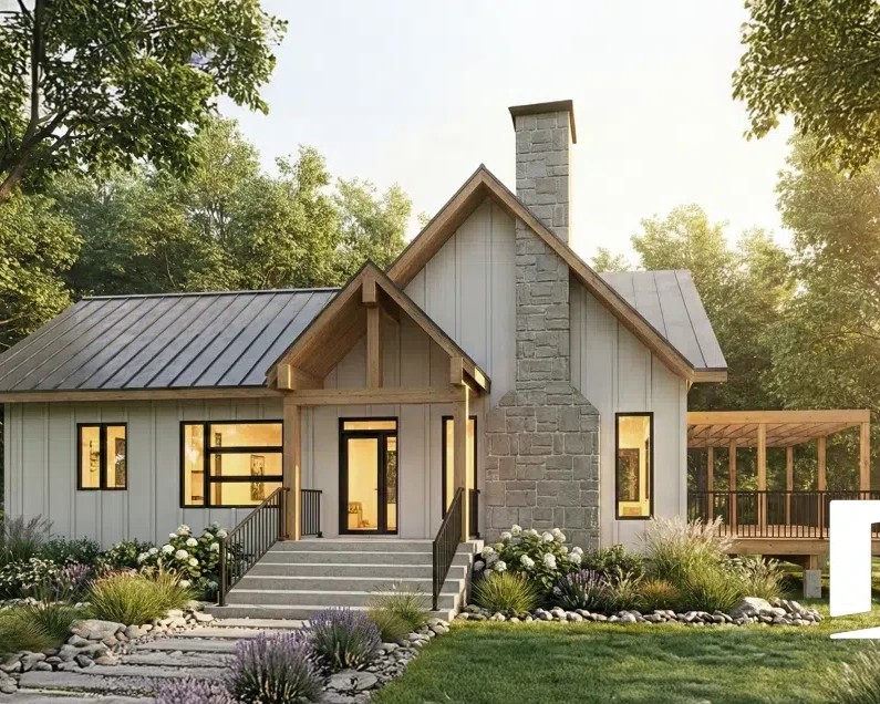 Plan de maison sur mesure au Québec avec revêtement clair, grande cheminée de pierre, architecture personnalisée et terrasse extérieure